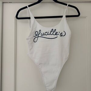 Lucille's White Script Logo One-Piece Swimsuit